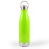 A drink bottle features a vibrant green exterior with a stainless steel bottom and a metal hanger lid.