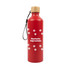 A drink bottle in red with a bamboo lid and a logo, featuring a paw print design.
