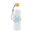A drink bottle in white with a bamboo lid and a logo. Features colorful graphics of palm trees and beach-related elements.