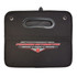 A black storage organiser with a handle and a logo, featuring pockets for tools and accessories.