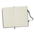 A blank Moleskine sketchbook with black cover, featuring a ribbon bookmark and elastic closure.
