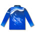 A blue fishing polo shirt featuring a graphic design with fish and waves, complete with a logo on the side.