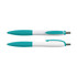 Two plastic pens in teal and white, featuring textured grips and a click mechanism. Each pen has a branding logo.