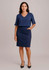 A navy pencil skirt with a fitted design and pockets, paired with a matching top. Features a brand logo.