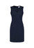 A sleeveless, navy blue V-neck dress with a fitted silhouette and a zip closure at the back, featuring a logo.