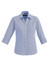 A blue women's button-up shirt with a 3/4 sleeve, featuring a collar and front buttons. It has a logo on the label.