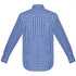 A long sleeve button-up shirt featuring a blue and white checked pattern, with a visible logo.