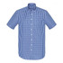 A blue and white checkered short sleeve button-up shirt with a collar and front buttons, featuring a logo.