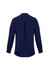 A navy blue women's long sleeve blouse with a button-up design and a back pleat.