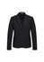 A black mid-length jacket with a notched lapel, featuring two front buttons and side pockets.
