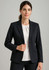 A women's longline jacket in navy, featuring a tailored fit with a single-breasted design and branding.
