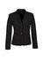 A black women's comfort wool stretch short jacket with a reverse lapel and two buttons, featuring a sleek design.