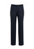 Flat front pants in navy, featuring a slim fit and classic design, with a logo on the waistband.