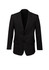 A classic black two-button jacket made from comfortable wool stretch fabric, featuring a notched lapel and pockets.
