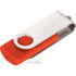A USB flash drive with a silver body and red cap, featuring a circular button and a logo.