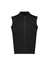 A black zip-front vest with no sleeves, featuring a smooth fabric texture and a subtle logo.