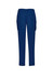 Navy blue slim leg scrub pants with side pockets and an elastic waistband, featuring a logo.