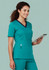 A women's teal scrub top featuring a V-neck, short sleeves, and a pocket, with a dark blue trim.