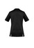 A black Women's Riley Stretch Scrub Top with short sleeves and side slits, featuring a logo.