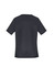 A black women's scrub top with short sleeves and a simple design, featuring a logo.
