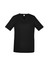 A black women's scrub top featuring short sleeves and two front pockets. Includes a logo on the fabric.