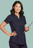 A women's navy tunic scrub top with a relaxed fit, featuring a button-up neckline and a logo on the chest.