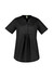 A black women's tunic scrub top featuring a buttoned placket and short sleeves with a gathered waist.
