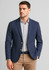 A navy blue men's blazer with a slim fit, featuring two buttons and side pockets, worn over a checked shirt.