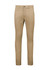 A pair of tan tapered stretch chino pants with a front pocket and a button closure.