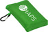 A compact green picnic mat featuring a logo and a carabiner attached for easy carrying.