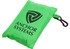 A green reusable grocery bag folded into a compact size with a clip for attachment, featuring a logo.