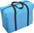 A blue wheeled travel bag with black straps and a zip closure, featuring a logo on the side.