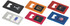A set of bottle openers in various colours: black, orange, red, blue, and grey, featuring logos.
