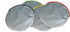 Three round sunshades in grey, with accents of black, green, yellow, and red, featuring a logo.