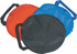 A set of three round sunshades in red, blue, and black, each with a handle for easy carrying.
