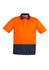 A bright orange and navy unisex short sleeve polo shirt with a chest pocket and a logo.