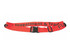 A bright red luggage strap featuring adjustable buckles and a logo, designed for securing bags.
