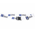 A white luggage strap with blue branding and a black buckle.
