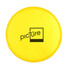 A yellow Frisbee with a circular shape and a logo in the centre.