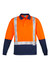 A long sleeve polo shirt featuring orange and navy colours with reflective tape accents and a chest pocket.