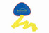 A blue triangular kite with a red edge and yellow ribbons, featuring a logo on one side.