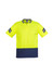 A short sleeve polo shirt in fluorescent yellow with navy blue accents and a logo. Suitable for workwear.
