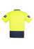 A high-visibility short sleeve polo shirt in bright yellow with navy accents and striped detailing on the sleeves.