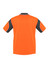 A short sleeve polo shirt in high visibility orange with black accents and a logo.