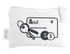 A cream pouch with a zipper featuring illustrations of keys, a card, and coins. It includes a logo.