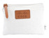A white canvas pouch with a leather tag featuring a logo, suitable for cards and keys.