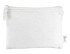 A white canvas pouch with a zipper, featuring a small branding label. Suitable for holding cards and keys.