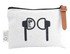 A cream-coloured earphone pouch with a zip and brown leather tag, featuring a simple graphic design.