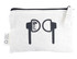 A white earphone pouch with a zip, featuring a logo and graphic design of earphones.