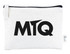 A white calico earphone pouch featuring a black logo, with a zip closure and a small tag.